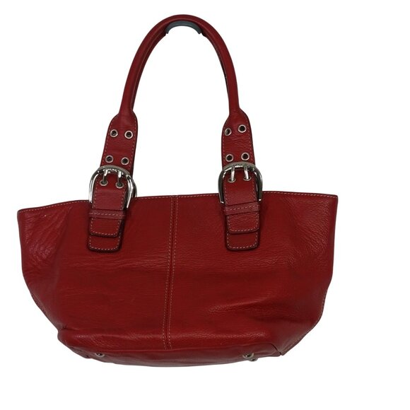 Tignanello Red Pebbled Leather Handbag Dual Buckle Straps Chain Print Lining - Picture 2 of 10